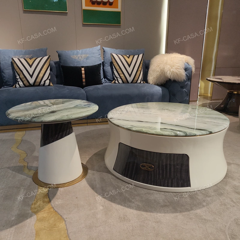 Coffee Table Set with Integrated Natural Wood Veneer and Marble-Effect Top